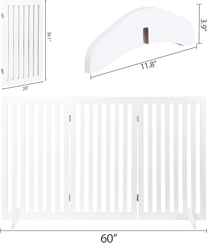 Dog Gate 60 x 36 Inch Freestanding Indoor Pet Door for House Doorways Stairs Halls, Foldable Wood Safety Fence 3 Panels, White
