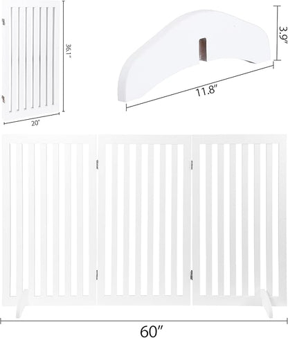 Dog Gate 60 x 36 Inch Freestanding Indoor Pet Door for House Doorways Stairs Halls, Foldable Wood Safety Fence 3 Panels, White