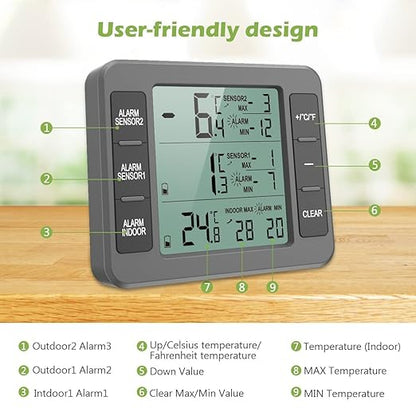 KeeKit Refrigerator Thermometer, Indoor Outdoor Thermometer with 2 Sensors, Wireless Digital Freezer Thermometer with Audible Alarm Temperature Gauge, Min/Max Record for Home, Kitchen – Grey