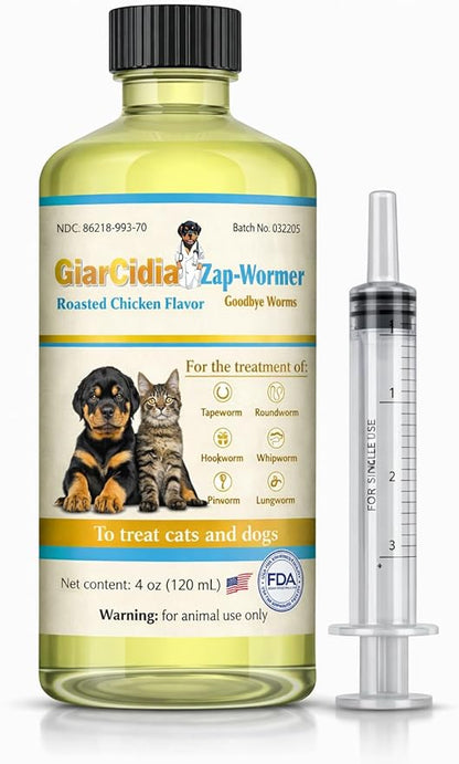 No More Worms in Cats and Dogs- Dewormer for Cats and Dewormer for Dogs - Chicken and Milk Flavours 120 mL / 4 oz Glass Bottle – Includes 3 mL Dropper with Cap (Chicken Flavor)