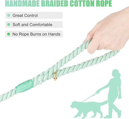 Dog Leash 5 FT Handmade Braided Cotton Rope Leashes for Small Medium and Large Dogs, New Golden Heavy Duty Metal Clasp, Light Green