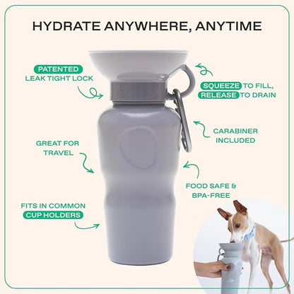Springer Dog Water Bottle | Portable Travel Water Bottle Dispenser for Dogs - As Seen on Shark Tank | Patented, Leak-Proof Bottles Fill Bowl with Water - Ideal for Walking | BPA-Free 22oz Gray