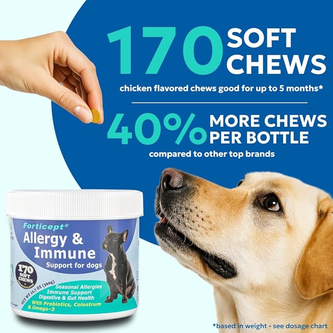 Forticept Allergy & Immune Probiotics for Dogs, Support Seasonal Allergies, Gut & Digestive Health - Enzymes, Colostrum, and Omega 3 Helps with Hot Spot and Yeast, Itch Relif