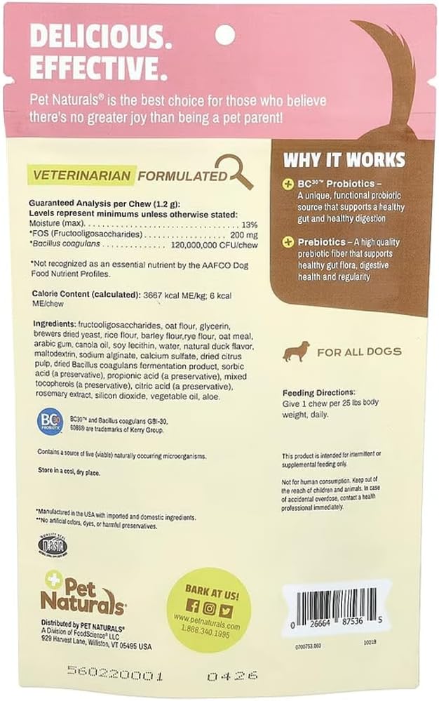 Pet Naturals Daily Probiotic for Dogs,120M CFUs - Pre and Probiotics for Dogs Digestive Health,Gut Health,Immune Support,Diarrhea,Allergies and Itching - 60 Chews,Duck Flavor,(Pack of 2)