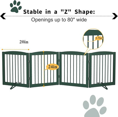 PUPETPO Freestanding Pet Gate for Dogs, Foldable Wooden Dog Gate for House, Indoor Dog Gate for Stairs, Doorways, Step Over Pet Puppy Safety Fence, 80 Inch Wide, 4 Panels 24", Green