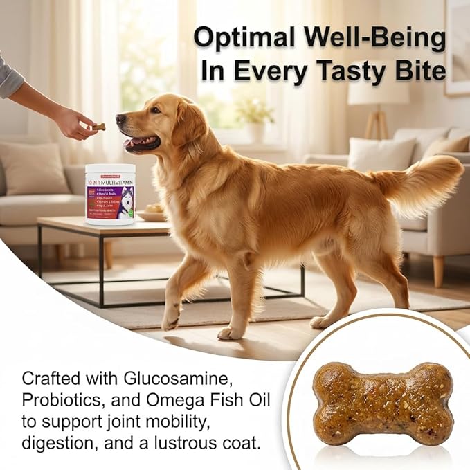 Freydell Pets 10-in-1 Multivitamin Dog Supplement – Glucosamine & Chondroitin Joint Support, Probiotics for Gut Health, Omega Fish Oil Skin & Coat, Immune & Allergy Support Vitamins (120 Chews)