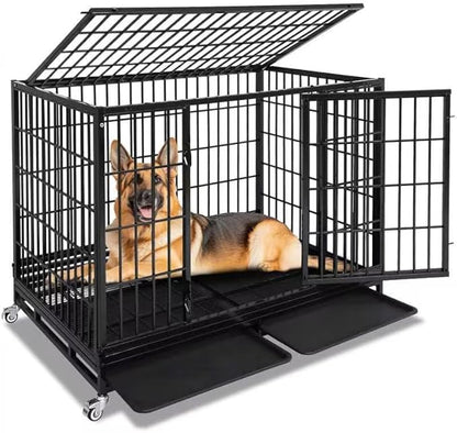 Homey Pet 47 Inch Heavy Duty Dog Crate for Large Dogs, Stackable & Indestructible Dog Cage for High Anxiety Dogs with Four Lockable Wheels, Two Removable Trays, Escape Proof Dog Kennel Indoor