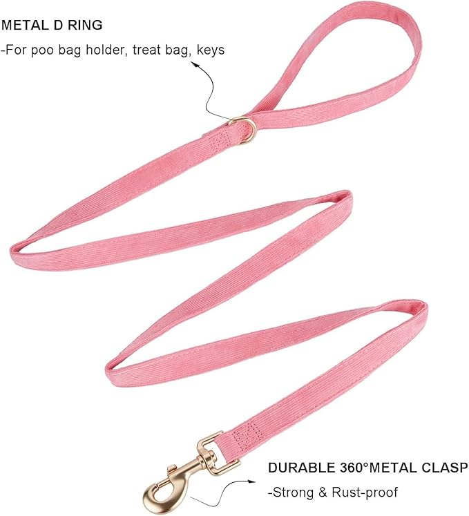 Soft Cotton Dog Leash, 5 Ft Heavy Duty Corduroy Dog Leashes with Gold Metal Hook for Small Medium Large Dogs,Small,Pink