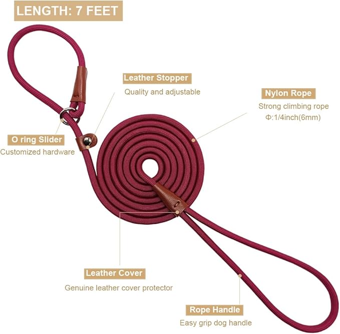 BTINESFUL 7FT Slip Lead Dog Leash, 1/4inch Lightweight Nylon Rope Leash, No-Pull Training Lead for Small Medium Dogs, Wine red
