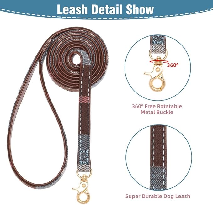EXPAWLORER Dog Leash and Collar Set - Cute Plaid Dog Bow Tie and Dog Bandana Collar, Dog Leash Tangle Free, Adjustable Collars for Small Medium Large Dogs, Holiday Ideal Gift, Blue M