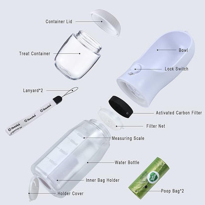 Cibaabo Dog Water Bottle with Food Container & Poop Bag Holder, Travel Water Bowl, Portable Pet Dispenser, Dog Gifts Stuff Accessories Items, Puppy Essentials for Yorkie Chihuahua Walking Hiking