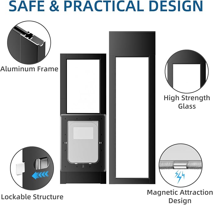 Dog Door for Sliding Glass Door, Magnetic Plastic Flap Sliding Door Pet Insert with Lock, Adjustable Height 74.2”-80.7”, No-Cut Installation for Patio Dog Access(Black M)
