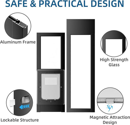 Dog Door for Sliding Glass Door, Magnetic Plastic Flap Sliding Door Pet Insert with Lock, Adjustable Height 74.2”-80.7”, No-Cut Installation for Patio Dog Access(Black M)