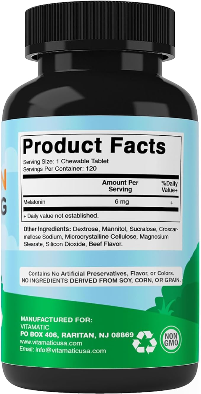 Vitamatic Melatonin for Dogs – 6 mg – 120 Chewable Tablets (Pack of 3) Beef Flavored – Natural Calming Aid for Dogs – Non-Habit Forming – Stress & Sleep Support