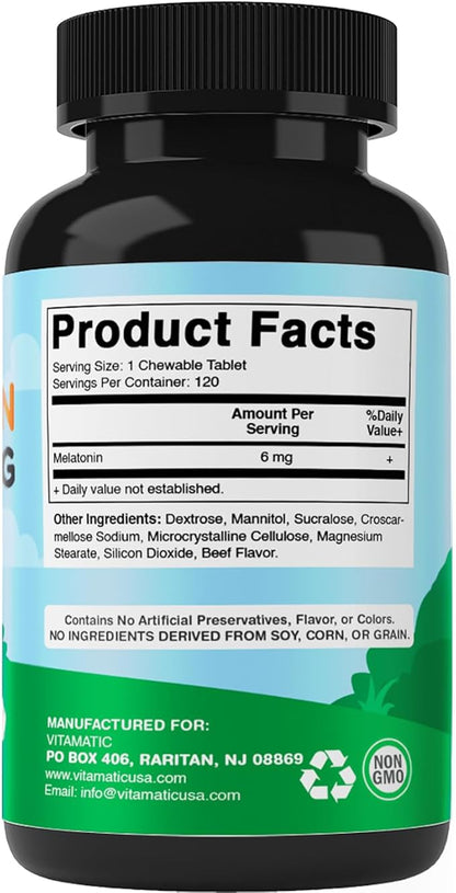 Vitamatic Melatonin for Dogs – 6 mg – 120 Chewable Tablets (Pack of 3) Beef Flavored – Natural Calming Aid for Dogs – Non-Habit Forming – Stress & Sleep Support