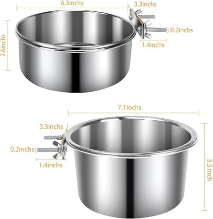 2 Pcs Large Pet Dog Food Water Bowl for Cage Stainless Steel Non-Spill Kennel Hanging Cats Bowls with Clamp Holder Crate Feeder Dish for Medium Large Dogs Huge Pets (7.1x3.5'' & 6.3x2.6'')