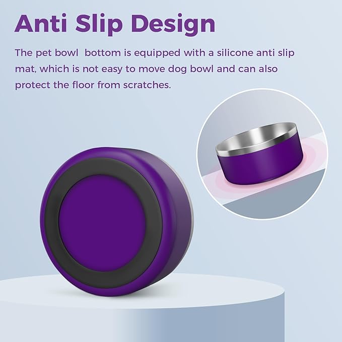 WENBOKMIN Dog Bowl, Stainless Steel Dog Food and Water Bowl with Non Slip Quiet Bottom, Easy to Clean, Dishwasher Safe, 64oz, Purple