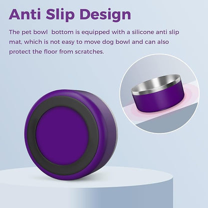 WENBOKMIN Dog Bowl, Stainless Steel Dog Food and Water Bowl with Non Slip Quiet Bottom, Easy to Clean, Dishwasher Safe, 64oz, Purple