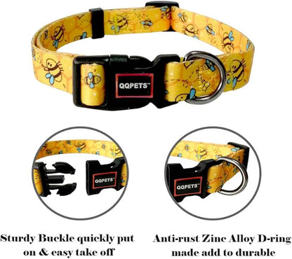 QQPETS Adjustable Soft Dog Collar: Print Flower Pink Multicolor Cute Patterns for XS Small Medium Large Pet Girl Boy Puppy Walking Running Training (S, Yellow Bee)