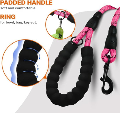 Taglory Rope Dog Leash 5 FT with Comfortable Padded Handle, Highly Reflective Threads Leash and Anti-Tangle Clip for Walking Small Dogs, 3/8 inch, Pink