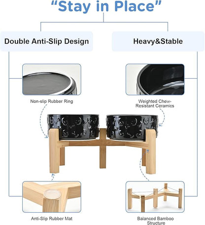 SPUNKYJUNKY Elevated Dog Bowls Ceramic, 6.1'' Dogs and Cat Food Water Bowls Raised with Non-Slip Bamboo Stand for Medium Sized Breed Microwave Dishwasher Safe - 28.7 OZ,Skull Black