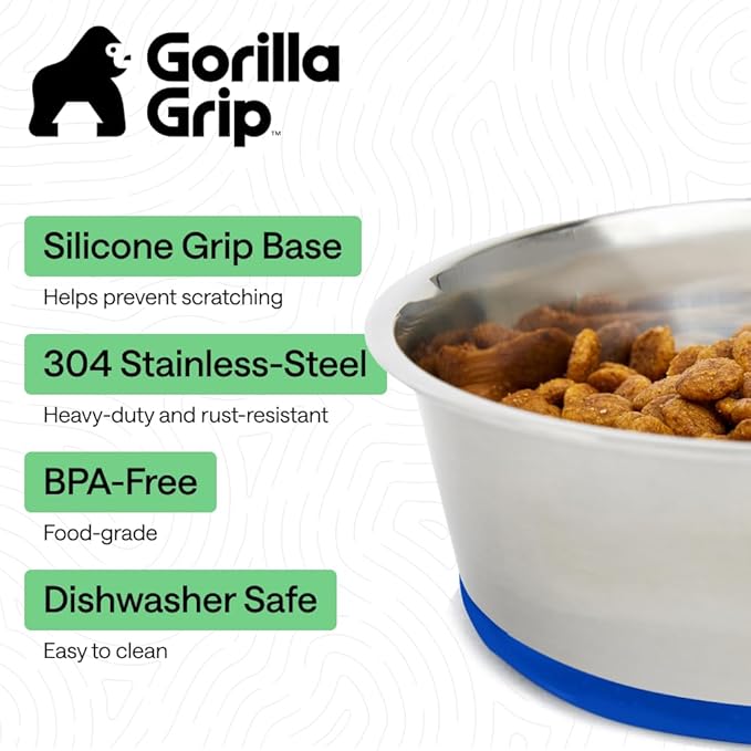 GORILLA GRIP Dog Bowls, Food Grade 304 Stainless Steel, Holds 6 Cups Each (48 fl oz) Food and Water Bowl for Feeding Dogs and Cats, Dishwasher Safe, Rust Resistant, BPA Free Rubber Base Set of 2 Blue