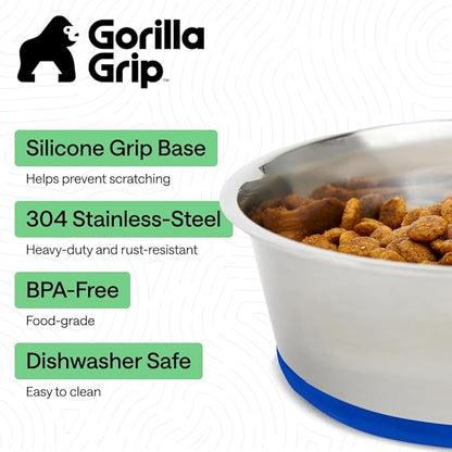 GORILLA GRIP Dog Bowls, Food Grade 304 Stainless Steel, Holds 6 Cups Each (48 fl oz) Food and Water Bowl for Feeding Dogs and Cats, Dishwasher Safe, Rust Resistant, BPA Free Rubber Base Set of 2 Blue