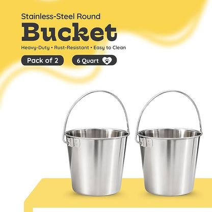 6 quart Heavy Duty Stainless Steel Round Bucket with Handle 2 Pcs | 1.5 gal Sturdy Food & Water Bowl for XL Dog Goat sheep & Livestock | Fits kennel Crate Cage Farm | Hanging Utility Pail