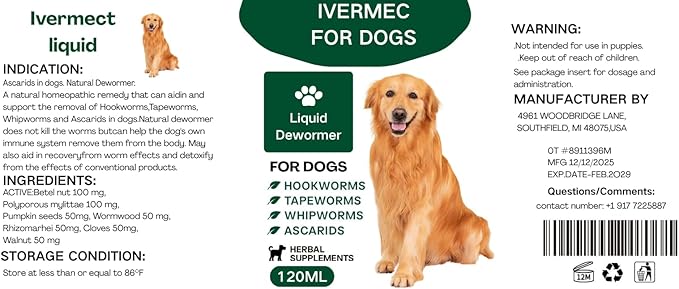 lvermect Dewormer Liquid for Dogs, Broad Spectrum for All Wormer, Hookworms, Lung Worms, Pin Worms, Round Worms