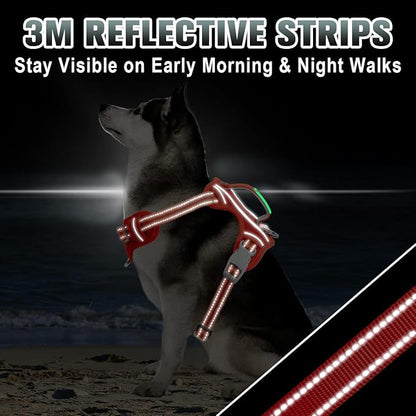 BARKBAY No Pull Dog Harness Large Reflective Dog Harness with Front Clip and Easy Control Handle for Walking Training Running with ID tag Pocket(Red,L)