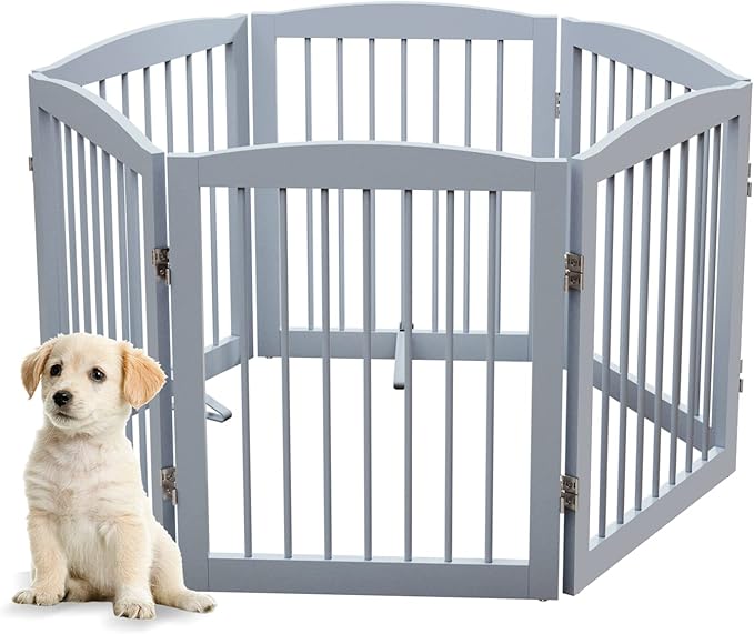 PUPETPO Freestanding Pet Gate for Dogs, Foldable Wooden Dog Gate for House, Extra Wide Indoor Pet Barrier for Stair, Doorway, Hall, Support Feet Included, 120 Inch Wide, 6 Panels 24", Grey