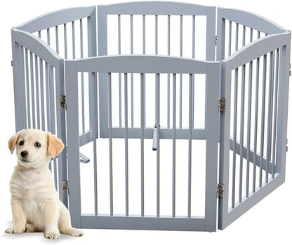 PUPETPO Freestanding Pet Gate for Dogs, Foldable Wooden Dog Gate for House, Extra Wide Indoor Pet Barrier for Stair, Doorway, Hall, Support Feet Included, 120 Inch Wide, 6 Panels 24", Grey
