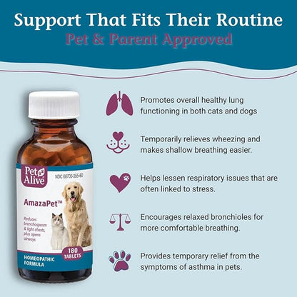 AmazaPet – Dog Cough & Respiratory Support Tablets – Supports Healthy Lung Function & Easy Breathing – Safe for Dogs & Cats – Comfort for Occasional Cough, Throat & Bronchial Wellness – 180 Tablets