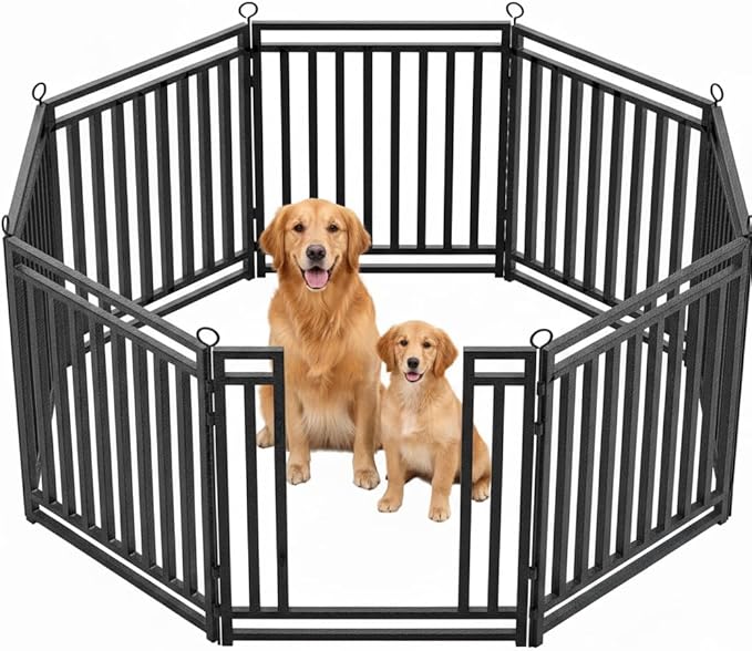 Dog Fence Outdoor Indoor, 47 Inches Height 08 Panels(1gate & 7panels) Dog Playpen for Large/Medium/Small Dogs Metal Dog Pen for Yard Camping and RV [Black-Silver]
