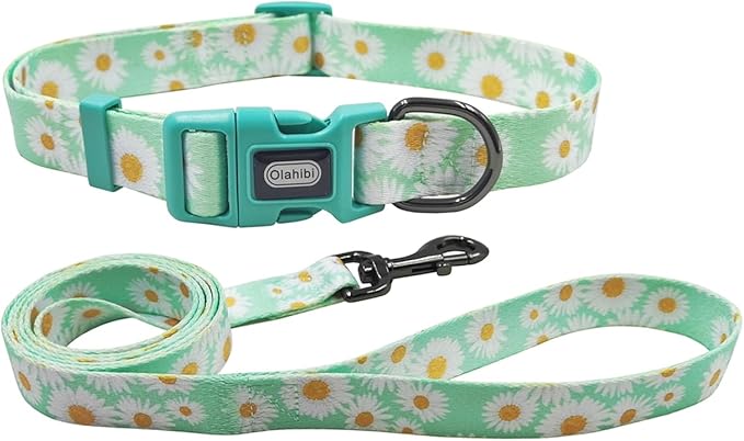 Dog Collar Leash Set, Floral Pattern, Polyester Material, Adjustable Collar and 5ft Matchcing Leash, for Puppy Dogs.(XS, Light Green Daisy)