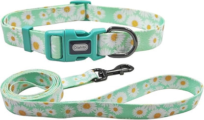 Dog Collar Leash Set, Floral Pattern, Polyester Material, Adjustable Collar and 5ft Matchcing Leash, for Puppy Dogs.(XS, Light Green Daisy)