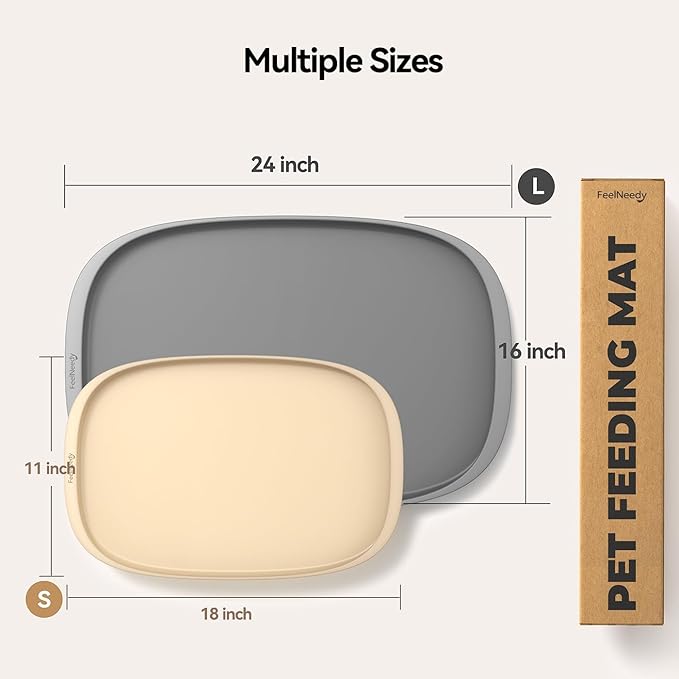 FEELNEEDY Silicone Cat & Dog Food Mat Waterproof, High Raised Edges for Leakage Protection, Dog Mat for Food and Water, Non-Slip Drip Tray, Easy Clean 24 * 16 * 0.5 inches Feeding Pad (Large, Gray)