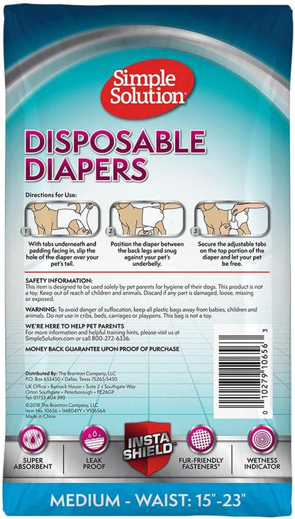 Simple Solution Disposable Female Dog Diapers, Absorbent Leak Proof Protection for Incontinence, Puppy Training, Heat Cycle, Travel, and Housebreaking, Medium Dogs, 15–23 Inch Waist, 12 Count