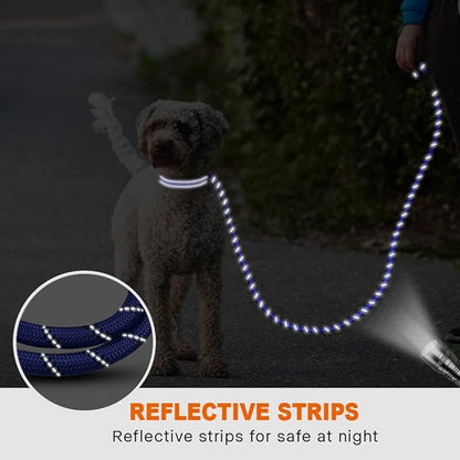 Taglory Rope Dog Leash 5 FT with Comfortable Padded Handle, Highly Reflective Threads Leash and Anti-Tangle Clip for Walking Small Dogs, 3/8 inch, Navyblue