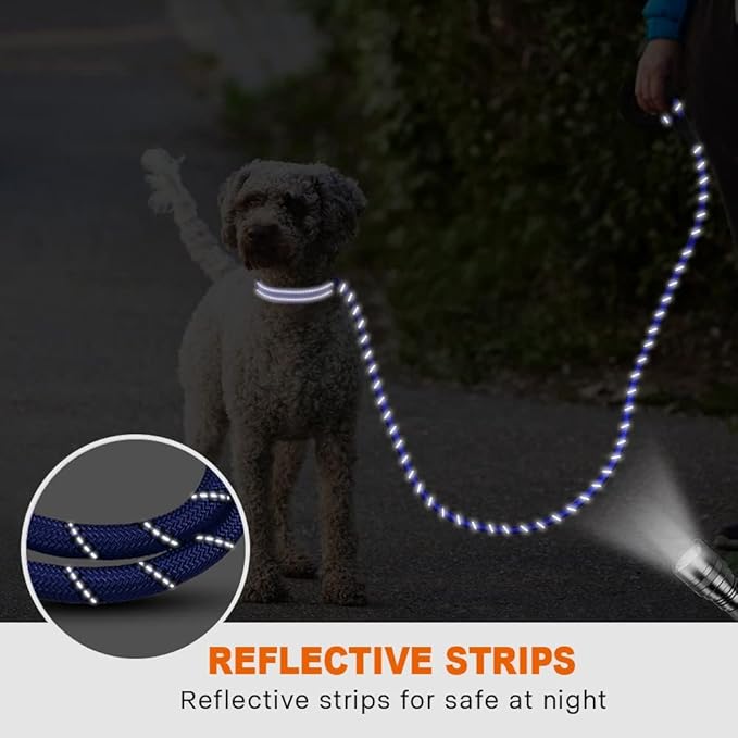 Taglory Rope Dog Leash 6 FT with Comfortable Padded Handle, Highly Reflective Threads Leash and Anti-Tangle Clip for Walking Small Dogs, 3/8 inch, Navyblue