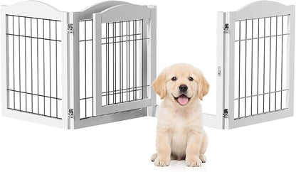 Bonnlo Freestanding Dog Gate, 24" H Pet Gate with 4 Panel Walk Through Door, Foldable Dog Safety Fence for Stairs Doorways Fireplace Up to 146'' Wide (White, 24" H-4 Panels with Door)