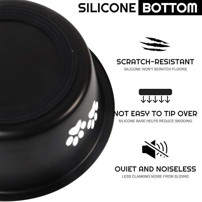YUDANSI Dog Bowls 2 Pack Small Medium Dogs Feeding Food Water Bowl with Non-Slip Silicone Sole, Stainless Steel Dog Dishes Elevated Raised Pet Feeder(Black, L(6.6 Cups)