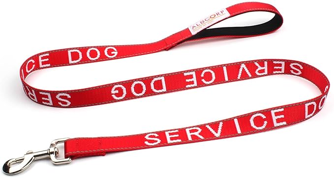 Albcorp Service Dog Leash - Embroidered- with Padded Neoprene Handle and Reflective threads, 4 Feet, for Harnesses, Vests or Collars, Red