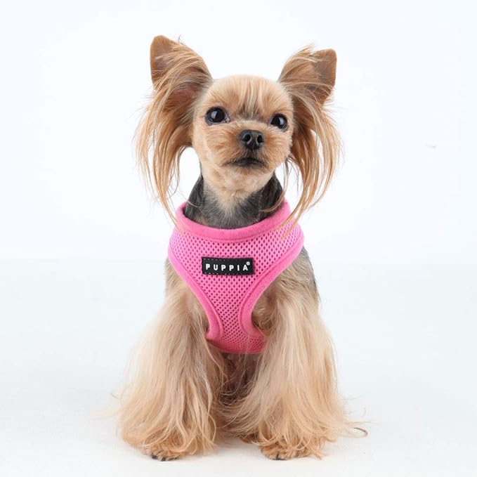Puppia Soft Dog Harness No Choke Over-The-Head Triple Layered Breathable Mesh Adjustable Chest Belt and Quick-Release Buckle, Pink, Medium