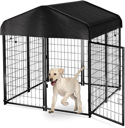 Dog Kennel Outside with Roof, 4'x4'x4.5' Outdoor Dog Kennels for Large Dogs, Heavty Duty Welded Dog Crate Playpen with UV-Resistant Waterproof Cover