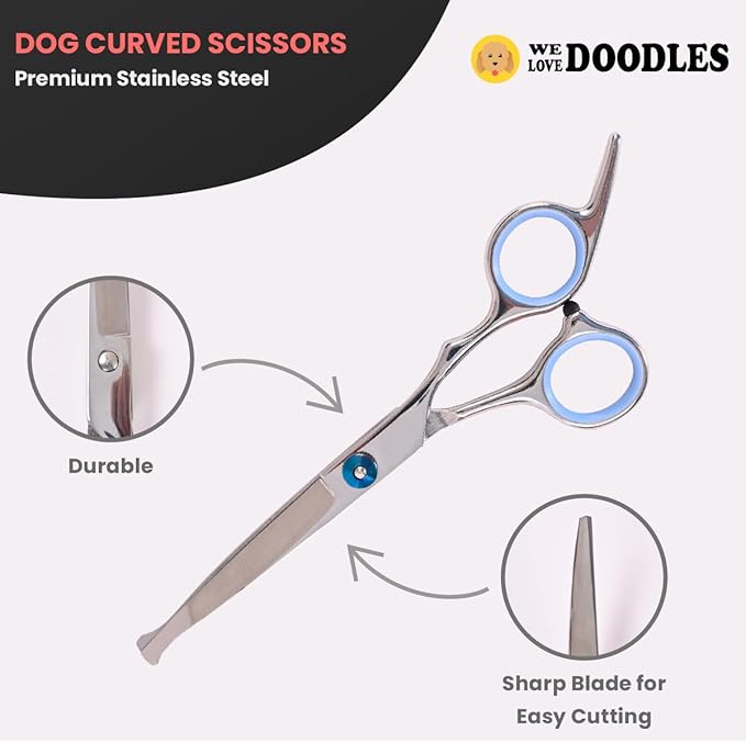 Dog Grooming Scissors Kit with Rounded Blunt Tips, Straight, Curved & Thinning Shears, Tools for Goldendoodles, Poodles & Doodles, Professional Grade Stainless Steel, 4 Pc Set [We Love Doodles]