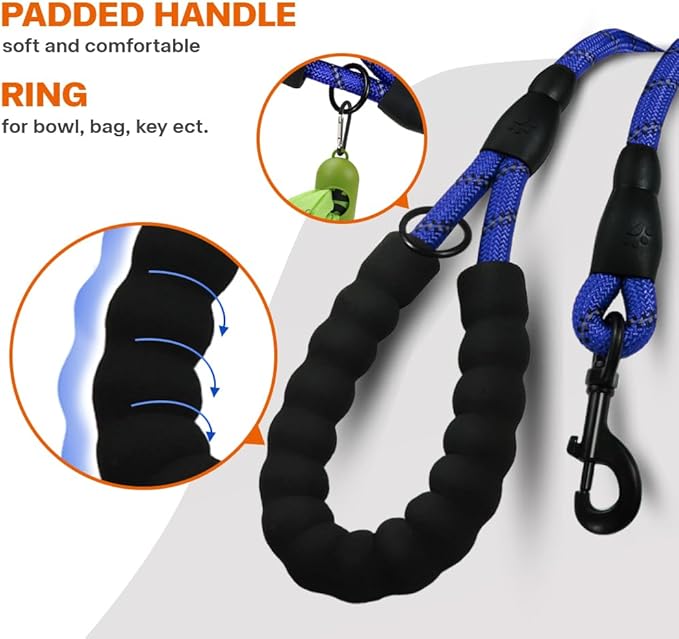 Taglory Rope Dog Leash 4 FT with Comfortable Padded Handle, Highly Reflective Threads Leash and Anti-Tangle Clip for Walking Small Dogs, 3/8 inch, Navyblue