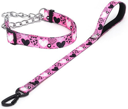 Martingale Dog Collar and Leash Set, Stainless Steel Chain, No Pull Training Collar with Flower Design, for Small, Medium, Large Dogs (NO21, S)