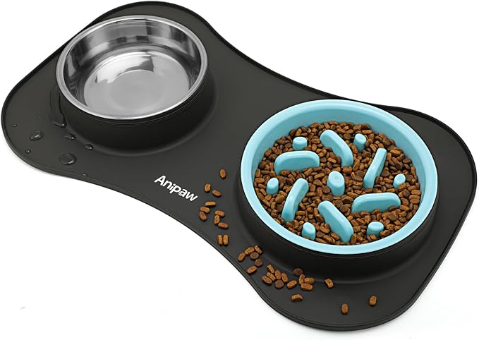 Anipaw Slow Feeder Dog Bowls 3 in 1 Stainless Steel Dog Food and Water Bowls with Non-Spill Non-Skid Silicone Mat to Slow Down Eating for Large Medium Small Breed Size Dogs and Cats (Grey Blue)