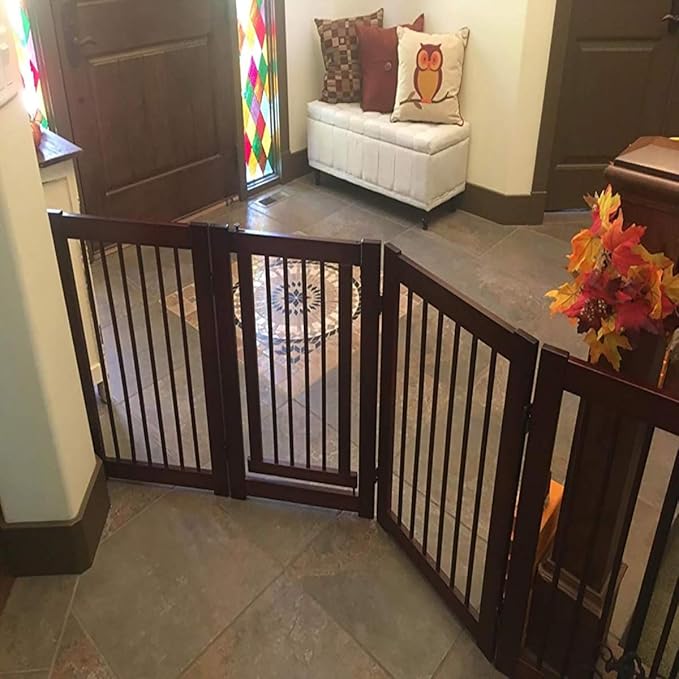 Giantex Dog Gate with Door - 30''H × 80''W Wooden Pet Gate with Walk Through Door, Foldable Freestanding 4 Panels Pet Safety Fence Extra Wide for Doorway Stairs House Deck Yard, Dark Cherry Brown